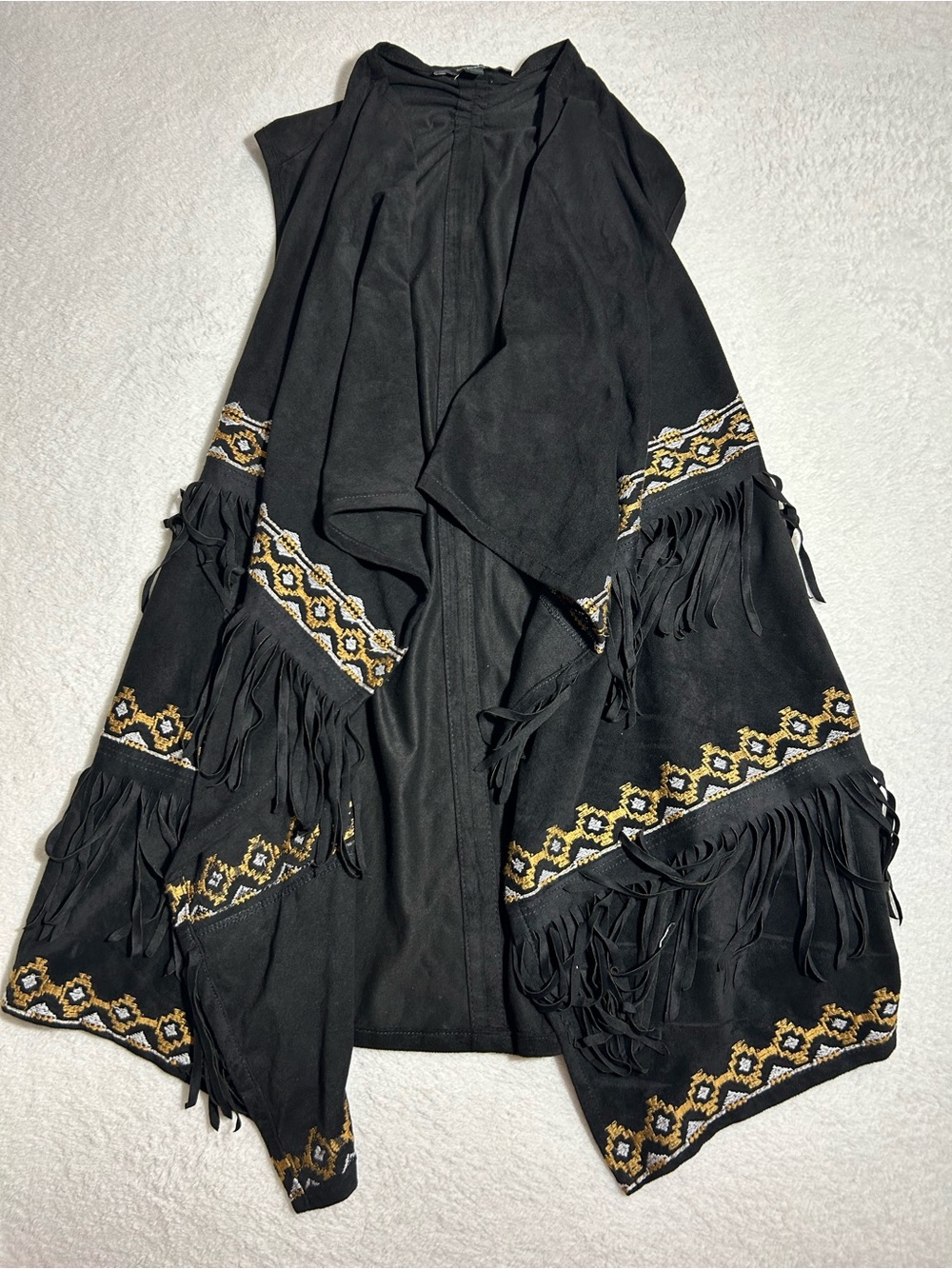 Black Fringe Embroidered Long Vest with Gold Accent - Women's
